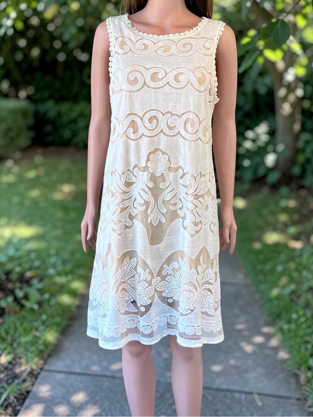 Max Studio Ivory Lace Overlay Shift Dress Medium Boho Cottagecore Lined